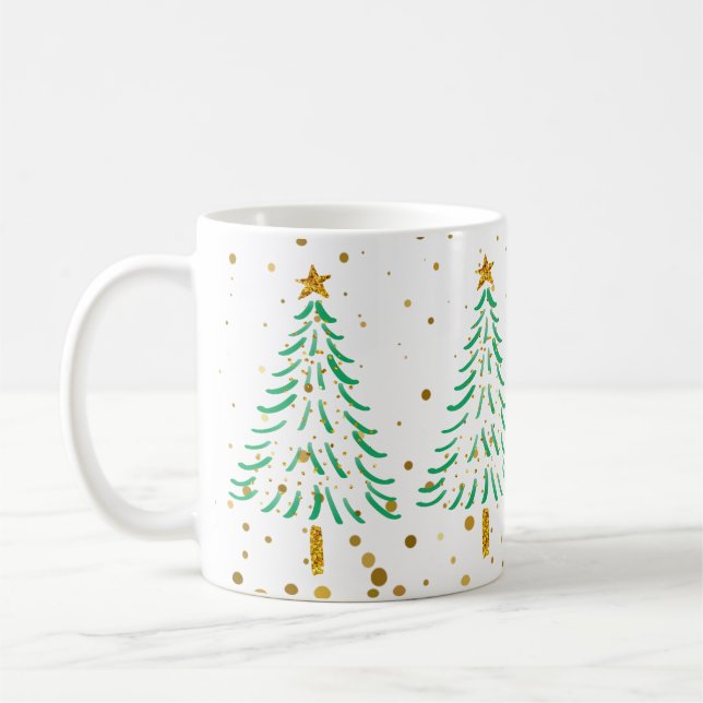 Cute Gold Glitter Confetti Christmas Trees Holiday Coffee Mug (Left)
