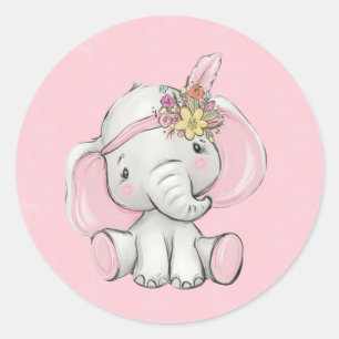 Cute Gold Glitter Elephant Girl Baby Shower Classic Round Sticker