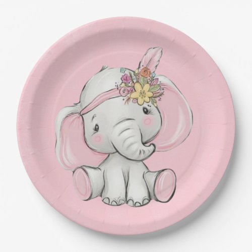 Cute Gold Glitter Elephant Girl Baby Shower Paper Plates