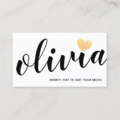 Cute Gold Glitter Heart Handwritten  Calligraphy Business Card (Front)
