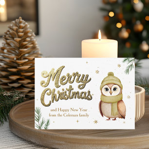 Cute Gold Glitter Merry Christmas Owl Holiday Card