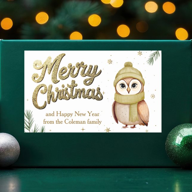 Cute Gold Glitter Merry Christmas Owl Rectangular Sticker (Creator Uploaded)