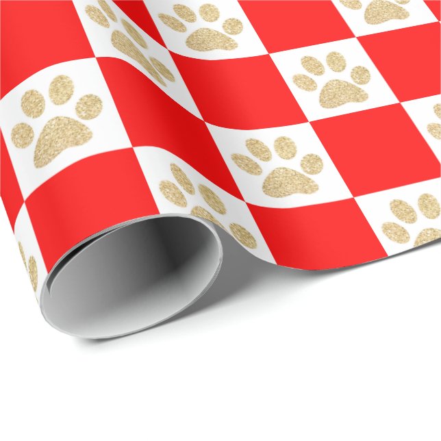 Cute Gold Glitter Paw Print Red Checkered Pattern Wrapping Paper (Roll Corner)