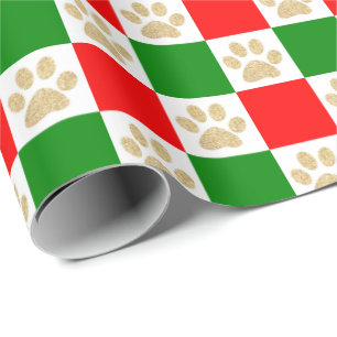 Cute Gold Glitter Paw Print Red Green Checkered Wrapping Paper