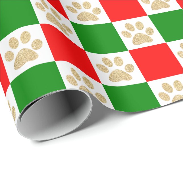 Cute Gold Glitter Paw Print Red Green Checkered Wrapping Paper (Roll Corner)