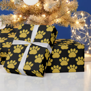 Cute Gold Glitter Paw Prints Pet Lovers Black Wrapping Paper
