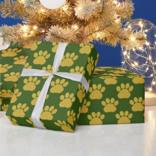 Cute Gold Glitter Paw Prints Pet Lovers Green Wrapping Paper