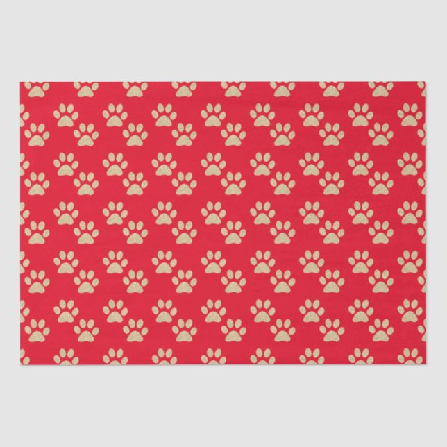 Cute Gold Glitter Paw Prints Pet Lovers Red Tissue Paper (Front)