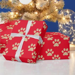 Cute Gold Glitter Paw Prints Pet Lovers Red Wrapping Paper