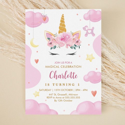 Cute Gold Glitter Pink Floral Unicorn Birthday Invitation