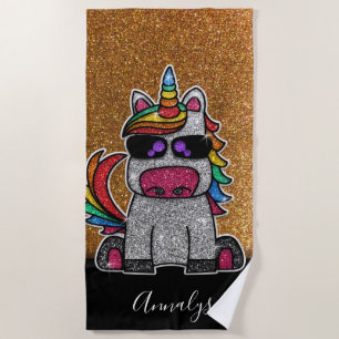 Cute Gold Glitter Rainbow Unicorn Sparkles Glam Beach Towel