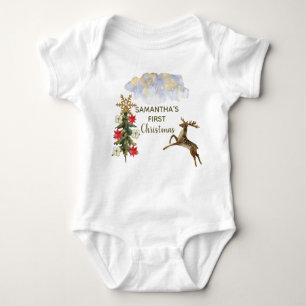 Cute Gold Glitter Trees Deer Baby First Christmas Baby Bodysuit