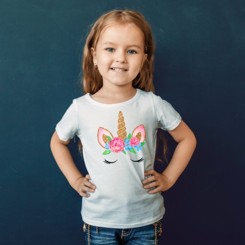 Cute Gold Glitter Unicorn Floral T_Shirt