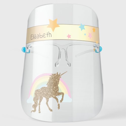 Cute Gold Glitter Unicorn RainbowStars Face Shield