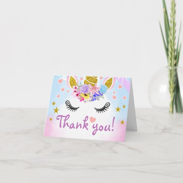 Cute Gold Glitter Unicorn with Flowers Thank You Card (Front)