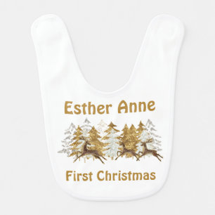 Cute Gold GlitteryTrees Deers Baby First Christmas Bib