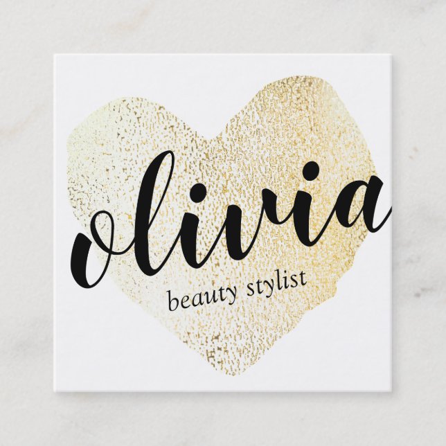 Cute Gold Gold Heart Handwritten Calligraphy Square Business Card (Front)