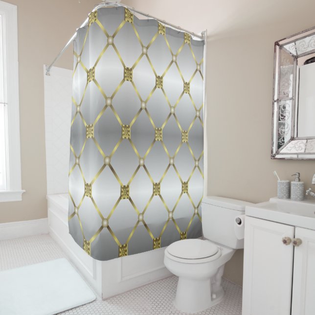 Cute Gold Gray And White Geometric Pattern Shower Curtain (In Situ)