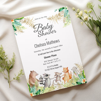 Cute Gold Green Brown Floral Animal Baby Shower In Invitation by pink_water at Zazzle