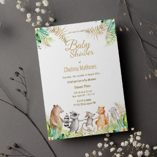 Cute Gold Green Brown Floral Animal Baby Shower In Invitation Postcard