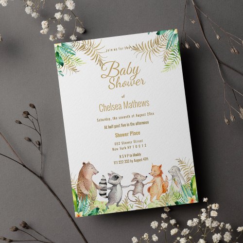 Cute Gold Green Brown Floral Animal Baby Shower In Invitation Postcard