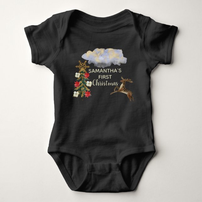 Cute Gold Green Tree Deer Cloud Baby 1 Christmas Baby Bodysuit (Front)