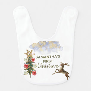 Cute Gold Green Tree Deer Cloud Baby 1 Christmas Bib