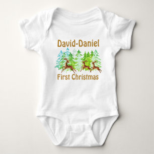 Cute Gold Green Trees Deers Baby First Christmas Baby Bodysuit