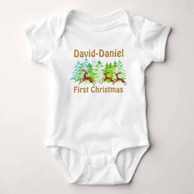 Cute Gold Green Trees Deers Baby First Christmas Baby Bodysuit (Front)