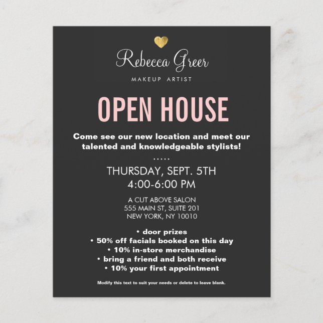 Cute Gold Heart Black Beauty Salon Open House Menu Flyer (Front)