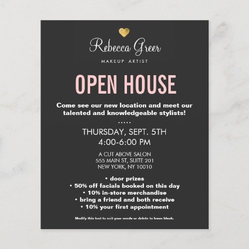 Cute Gold Heart Black Beauty Salon Open House Menu Flyer