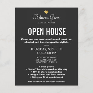 Cute Gold Heart Black Beauty Salon Open House Menu Flyer