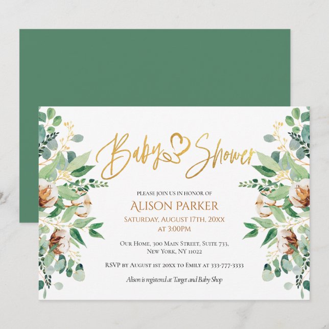 Cute Gold Heart Script Eucalyptus Baby Shower Invitation (Front/Back)