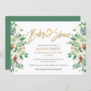 Cute Gold Heart Script Eucalyptus Baby Shower Invitation