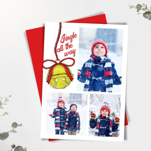 Cute Gold Jingle Bell Photo Collage Christmas Holiday Card