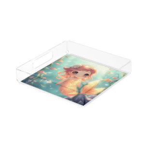 Cute gold mermaid in underwater world acrylic tray