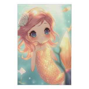 Cute gold mermaid in underwater world faux canvas print