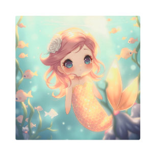 Cute gold mermaid in underwater world metal print