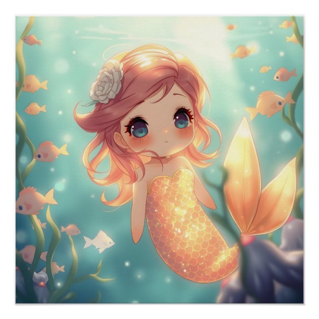 Cute gold mermaid in underwater world poster (Front)