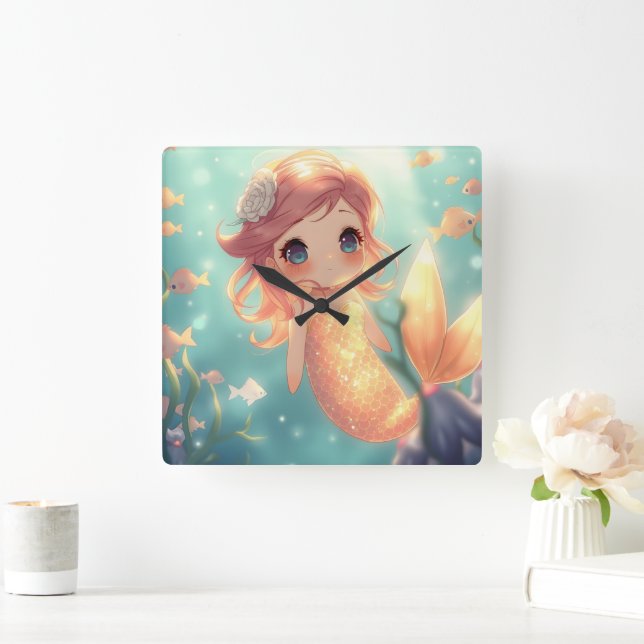 Cute gold mermaid in underwater world square wall clock (Home)