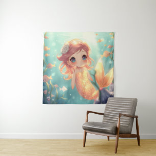 Cute gold mermaid in underwater world tapestry