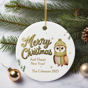 Cute Gold Merry Christmas Owl Personalized Ceramic Ornament