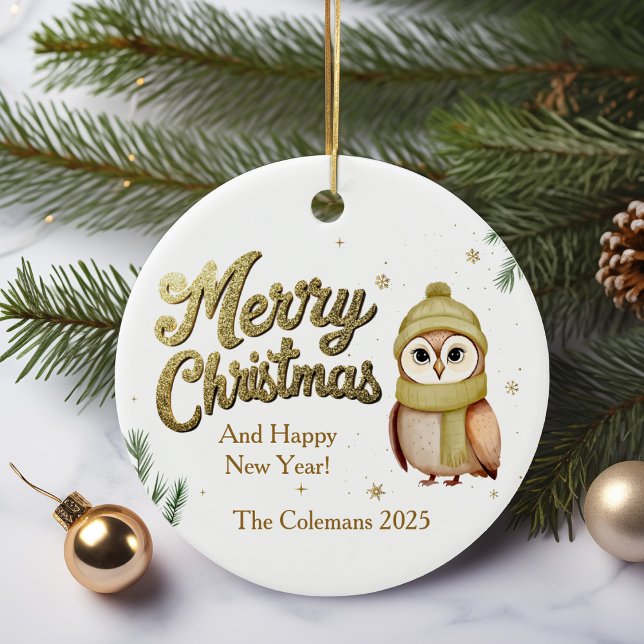 Cute Gold Merry Christmas Owl Personalized Ceramic Ornament (Creator Uploaded)