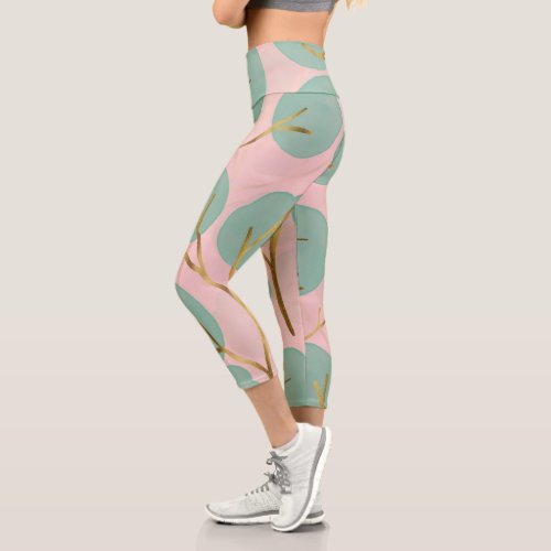 Cute Gold  Mint Tree shapes Minimal Pink Pattern Capri Leggings