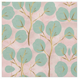 Cute Gold & Mint Tree shapes Minimal Pink Pattern Fabric