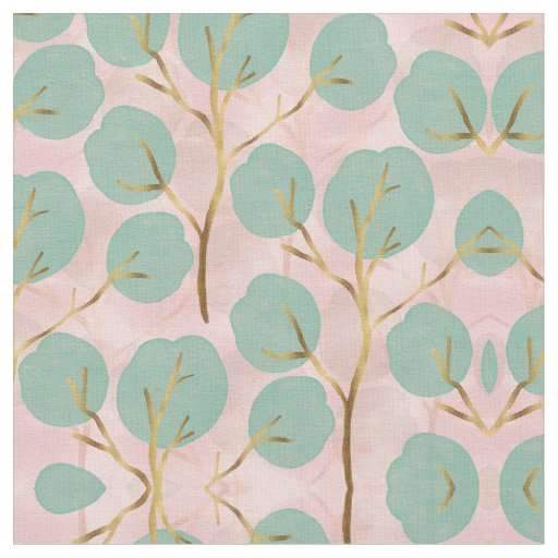 Cute Gold & Mint Tree shapes Minimal Pink Pattern Fabric