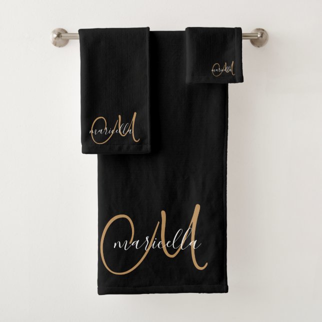 Cute Gold Monogram Script Name Black Bath Towel Set (Insitu)