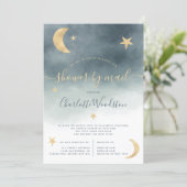 Cute gold moon stars blue baby shower by mail invitation (Standing Front)