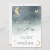 Cute gold moon stars blue baby shower by mail invitation (Front)