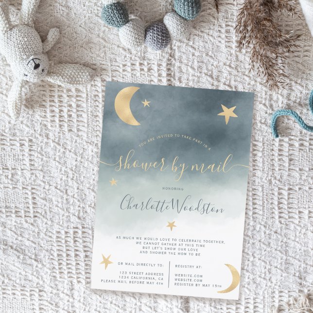 Cute gold moon stars blue baby shower by mail invitation